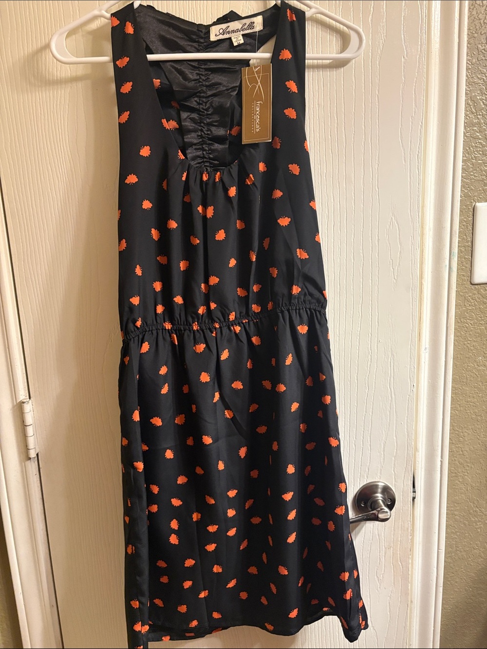 Annabella Black Mini Dress with Orange Dot Print